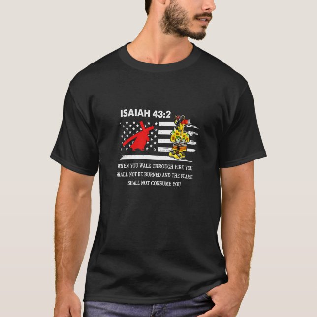 Thin Red Line Firefighter Cross Bible Verse Americ T-Shirt (Front)