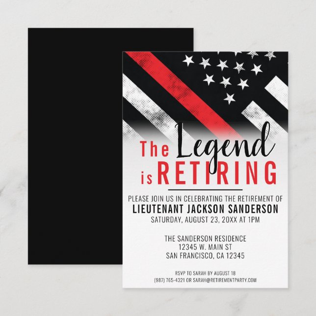 Thin Red Line Firefighter Fireman Retirement Party Invitation (Front/Back)
