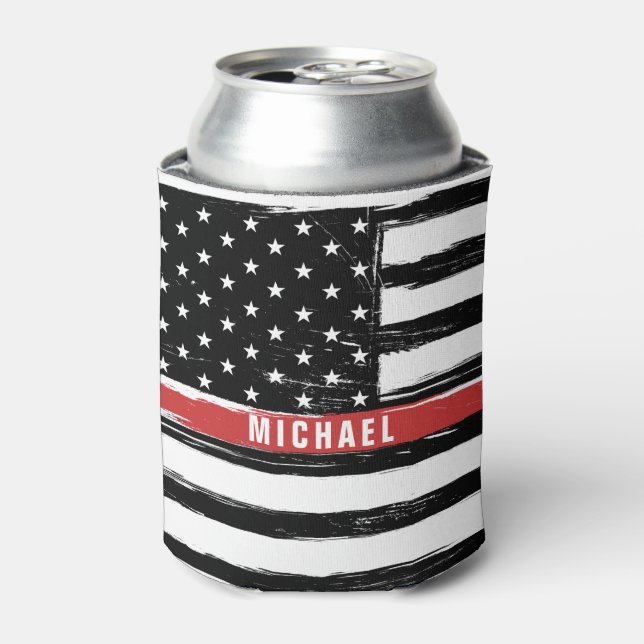 Thin Red Line Firefighter Flag Grunge Personalize Can Cooler (Can Front)