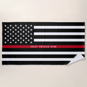 Thin Red Line Firefighter Flag Monogram Beach Towel
