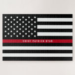 Thin Red Line Firefighter Flag Monogram Jigsaw Puzzle<br><div class="desc">This fun puzzle features a black and white firefighter thin red line American flag design with stars and stripes on a black background and a name for you to personalize. Makes a great gift.</div>