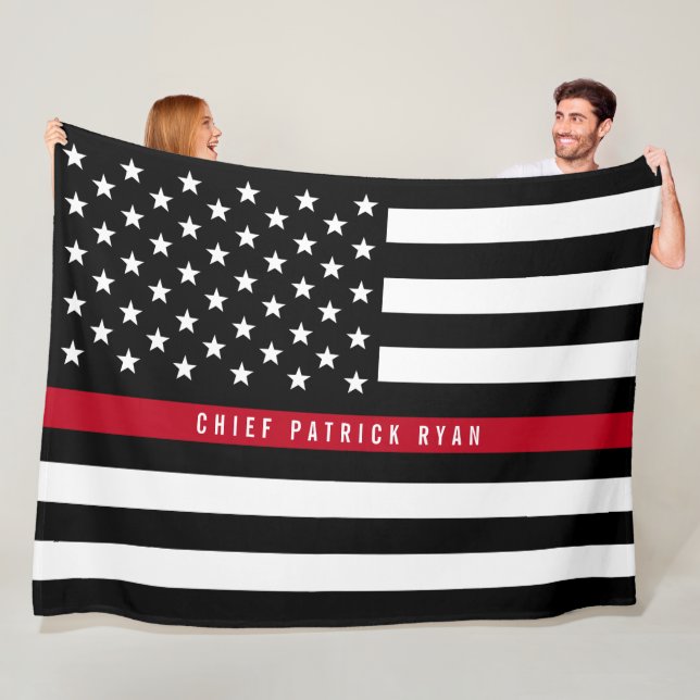Thin Red Line Firefighter Flag Monogram Large Fleece Blanket (In Situ)