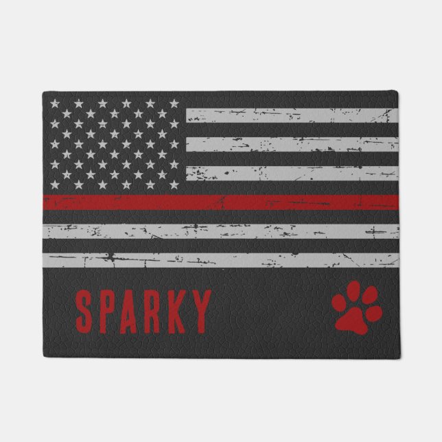 Thin Red Line Firefighter Heavy Duty Dog Placemat Doormat (Front)