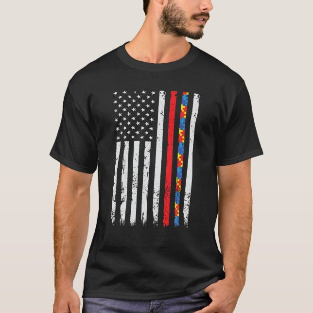 Thin Red Line Firefighter Support Autism 4th July  T-Shirt (Front)