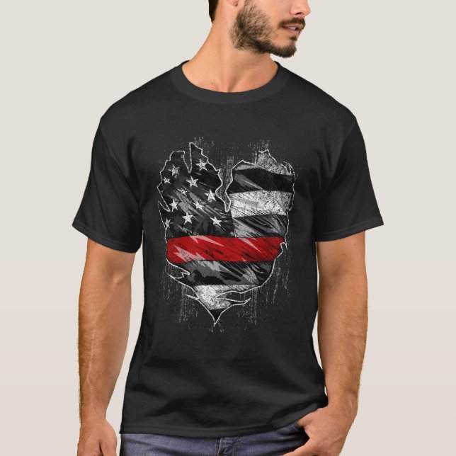 Thin Red Line Fireman American Flag Heart Firefigh T-Shirt (Front)