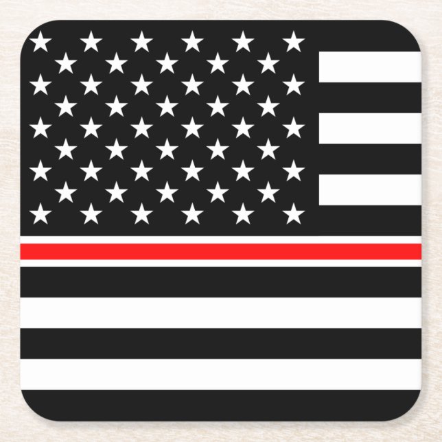 Thin Red Line Flag: Firefighter Hero Memorial Square Paper Coaster (Front)