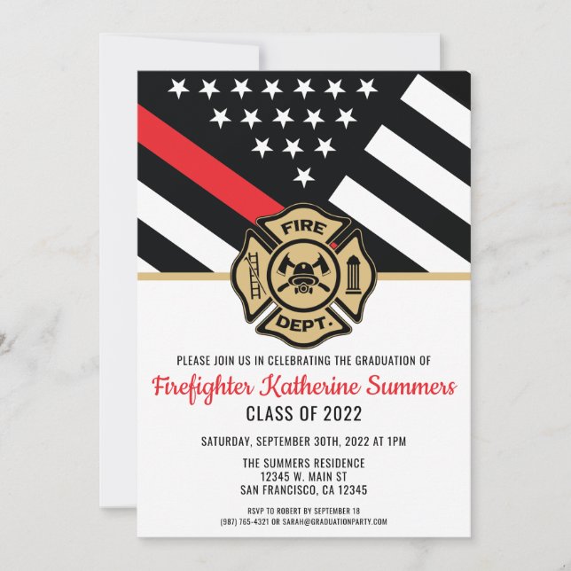 Thin Red Line Flag Fireman Firefighter Graduation  Invitation (Front)