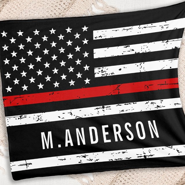 Thin Red Line Flag Personalized Name Firefighter Fleece Blanket (Creator Uploaded)