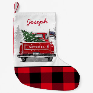 Thin Red Line Flag Vintage Truck Buffalo Plaid Small Christmas Stocking