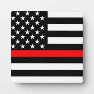 Thin Red Line Graphic on a US American Flag on a Plaque