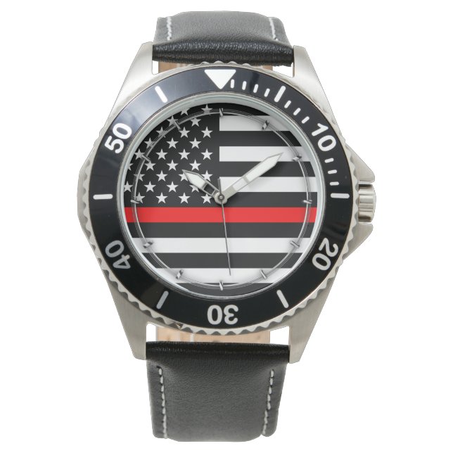 Thin Red Line Graphic on a US American Flag on a Watch (Front)