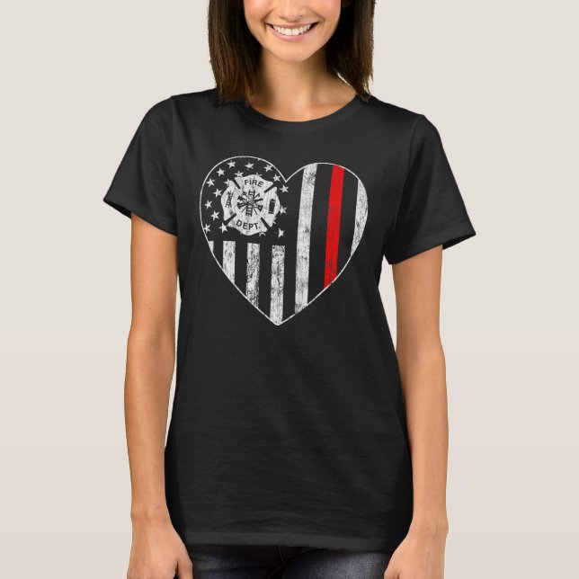 Thin Red Line Heart American Flag Firefighter Patr T-Shirt (Front)