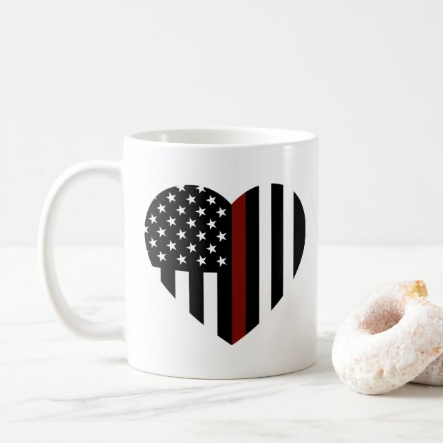 Thin Red Line Heart Shaped American Flag Coffee Mug (With Donut)