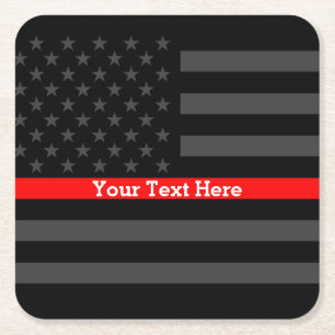 Thin Red Line Personalized Black US Flag Square Paper Coaster