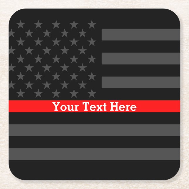 Thin Red Line Personalized Black US Flag Square Paper Coaster (Front)