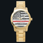 Thin Red Line Personalized Firefighter Retirement  Watch<br><div class="desc">Celebrate and show your appreciation to an outstanding Firefighter with this Thin Red Line Firefighter Retirement Watch - American flag design in Firefighter Flag colours, distressed design . Perfect for service awards, fireman anniversary gifts, and firefighter retirement gifts . Personalize this firefighter retirement watch with name, years of service and...</div>