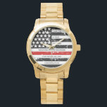 Thin Red Line Personalized Firefighter Retirement  Watch<br><div class="desc">Celebrate and show your appreciation to an outstanding Firefighter with this Thin Red Line Firefighter Retirement Watch - American flag design in Firefighter Flag colours, distressed design . Perfect for service awards, fireman anniversary gifts, and firefighter retirement gifts . Personalize this firefighter retirement watch with name, years of service and...</div>