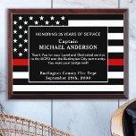 Thin Red Line Retirement Anniversary Firefighter  Award Plaque<br><div class="desc">Celebrate and show your appreciation to an outstanding Firefighter with this Thin Red Line Award - American flag design in Firefighter Flag colours , distressed design. Personalize this firefighter retirement award with fireman name, text with fire department , fire station, name and community, and date of retirement. This thin red...</div>