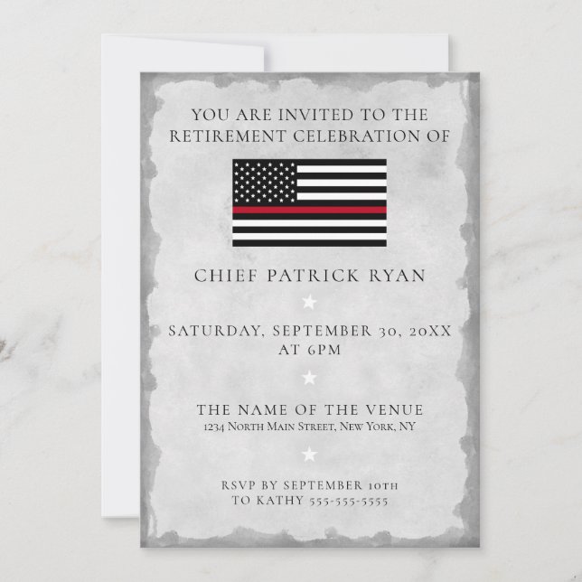 Thin Red Line Silver Fireman Flag Retirement Party Invitation (Front)