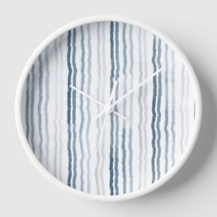 Thin Watercolor Stripes, Slate Blue, Gray, White Clock