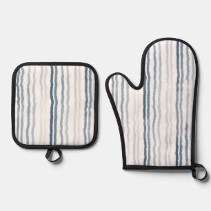 Thin Watercolor Stripes, Slate Blue, Gray, White Oven Mitt & Pot Holder Set