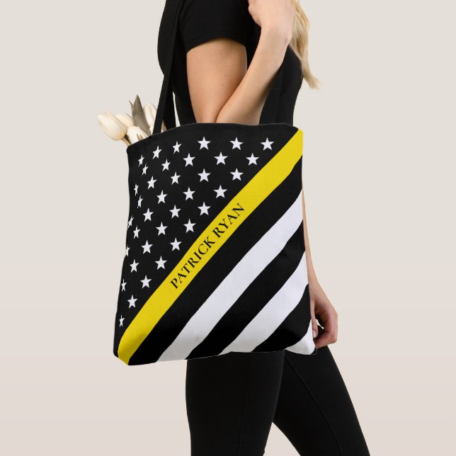 Thin Yellow Line Dispatcher American Flag Monogram Tote Bag (Close Up)