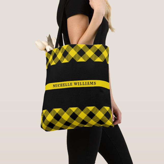 Thin Yellow Line Dispatcher Buffalo Plaid Monogram Tote Bag (Close Up)
