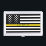 Thin Yellow Line Dispatcher Flag Monogram Business Card Holder<br><div class="desc">This business card case features a black and white American flag with a thin yellow line across the middle and your name in a modern white typography for you to personalize. This case matches our thin yellow line business card so please check out our I Love Digis shop for more...</div>
