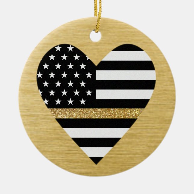 Thin Yellow Line Glitter Flag Heart Ceramic Ornament (Front)