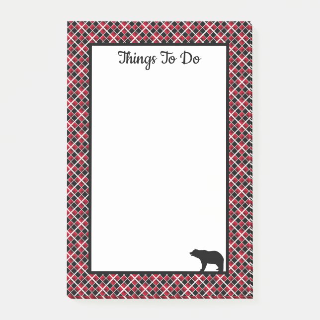 Things To Do Bear on Black & Red Chequered Post-it Notes (Front)