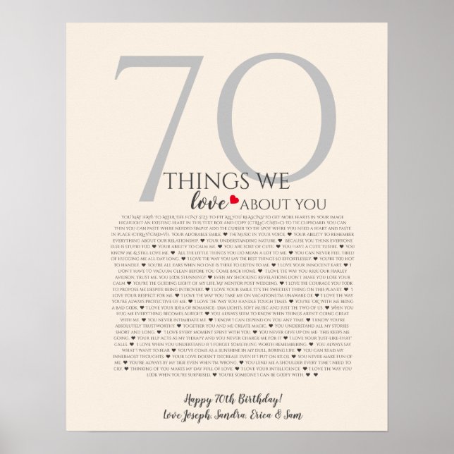 Things We Love About You 70 Poster | Personalized  (Front)