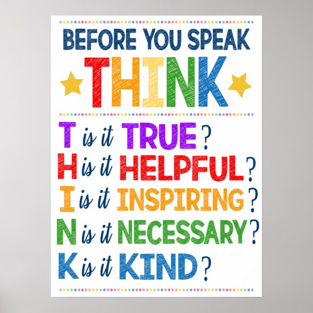 Think Before You Speak Classroom Poster (Front)