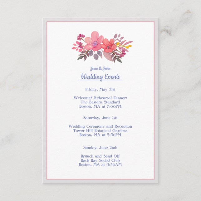 Think Dusty Pinks Wedding Itinerary Card (Front)