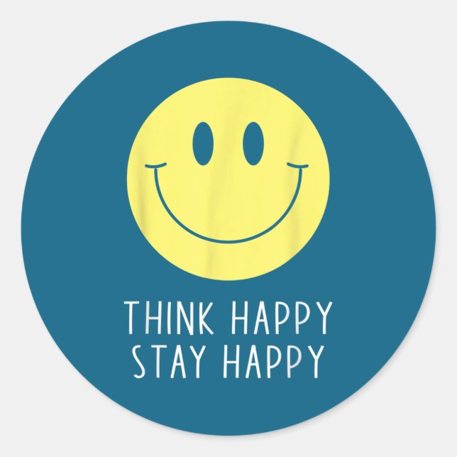 Think Happy Stay Happy Motivation Quote Yellow Smi Classic Round Sticker (Front)