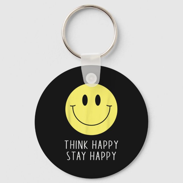 Think Happy Stay Happy Motivation Quote Yellow Smi Keychain (Front)