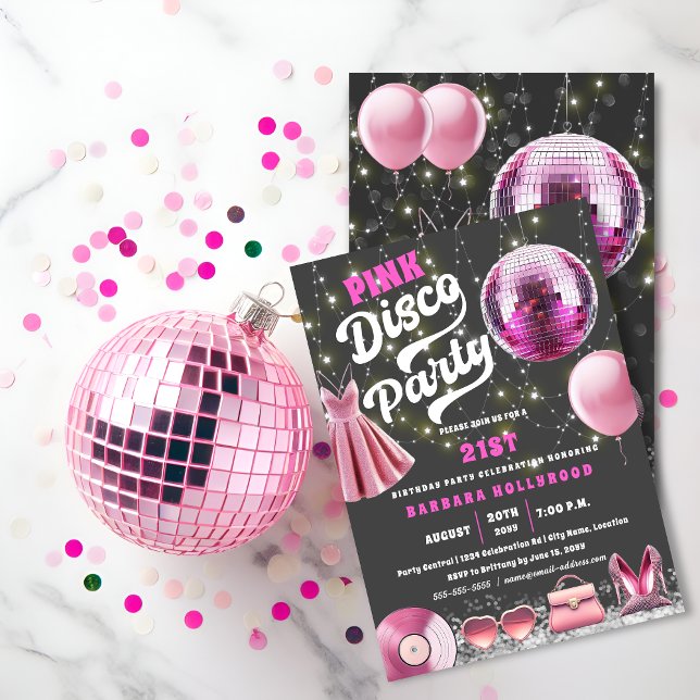 Think Pink Core Disco Party Invitation (Think pink core disco party invitation front and back view.)