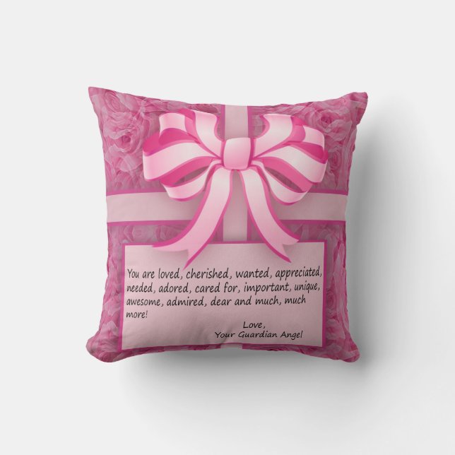 Think Pink Inspirational Message with Roses Throw Pillow (Front)