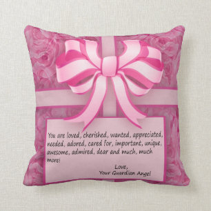 Think Pink Inspirational Message with Roses Throw Pillow