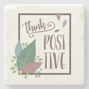 Think positive motivation feather boho stone coaster