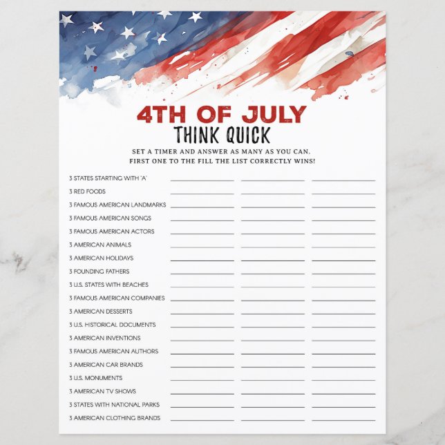 Think Quick 4th of July Party Game (Front)
