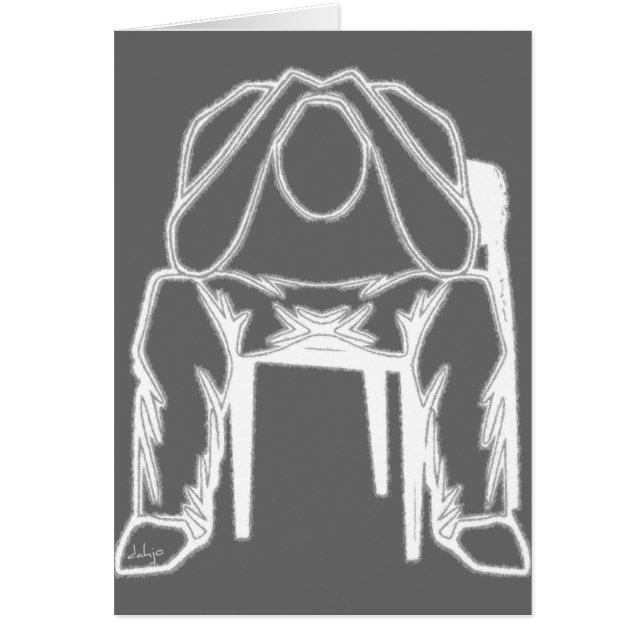 Thinking Man sitting in chair holding his head. (Front)