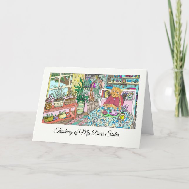 Thinking of My Dear Sister with Cat at Table  Card (Front)