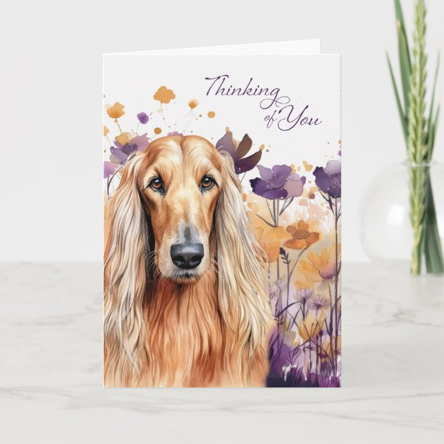 Thinking of You Afghan Hound Dog Purple Flowers Card (Front)