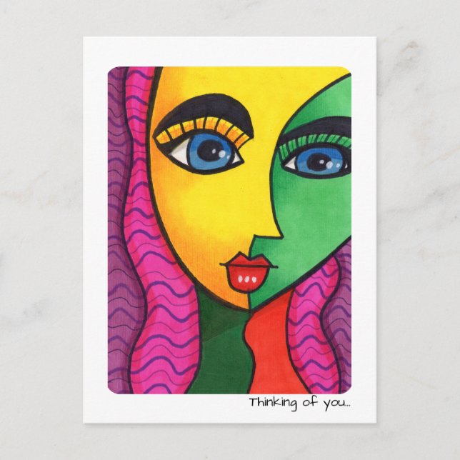 Thinking Of You Colourful Abstract Girl Face Postcard (Front)