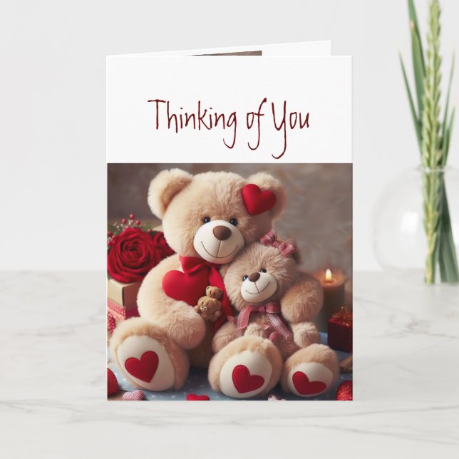 Thinking of You Cute Cuddling Teddy Love Hearts Card (Front)