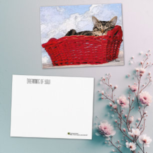 Thinking of You Cute Sleeping Kitten Red Basket  Postcard