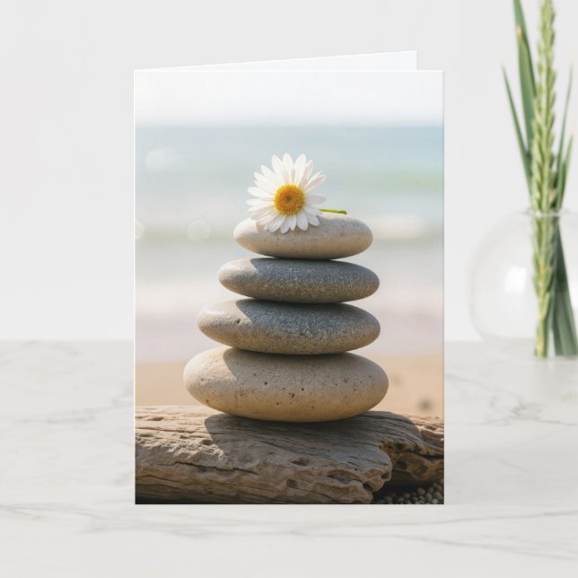 Thinking of You Daisy on a Stone Beach Cairn Card (Front)