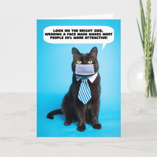 Thinking of You Funny Cat in Coronavirus Face Mask Holiday Card (Front)