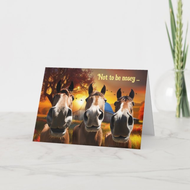 Thinking of You Funny Humourous 3 Horses and a Bar Holiday Card (Front)