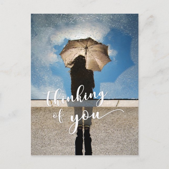 "Thinking of You" Girl, Umbrella Reflected in Pool Postcard (Front)